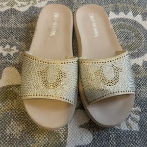 True Religion Women's Tan Embellished Slide Sandals